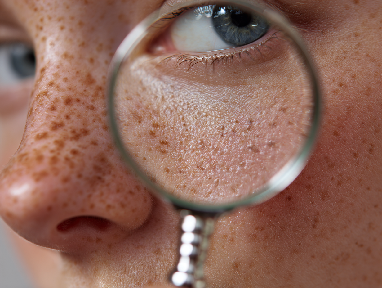 a magnifying glass against freckled skin