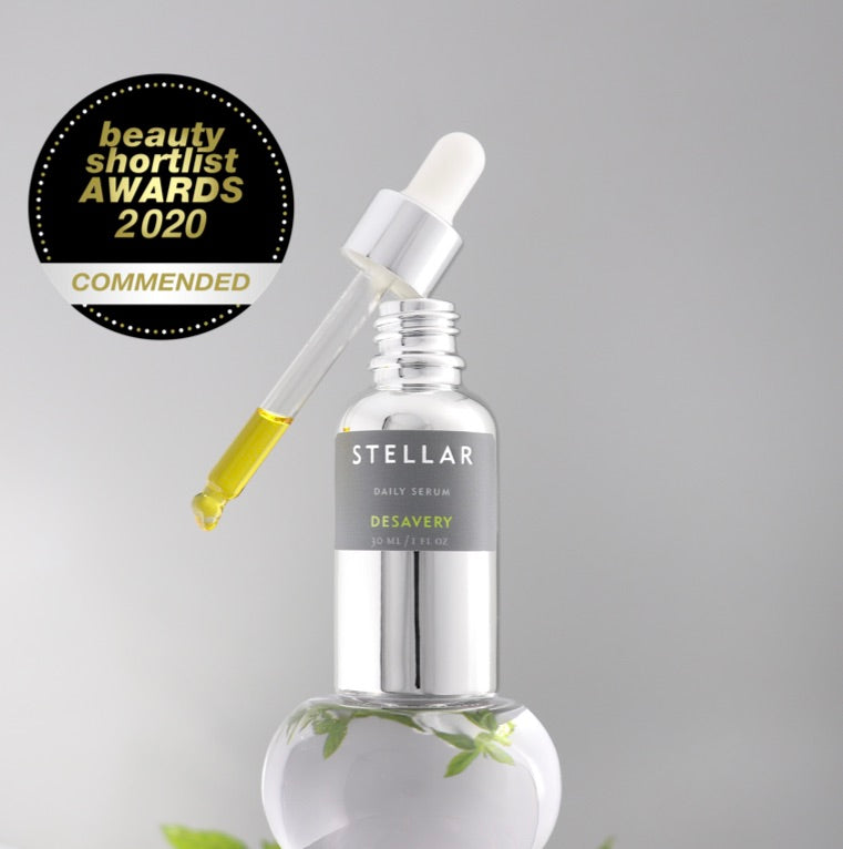 Stellar Daily Serum facial oil, 30 ml silver glass bottle. Award winning formula. Beauty shortlist award for best facial oil. 